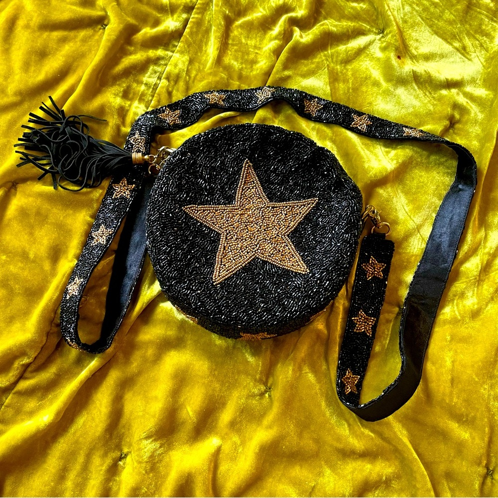 Monya Fully Beaded Double sided Round Bag with Star design beaded strap